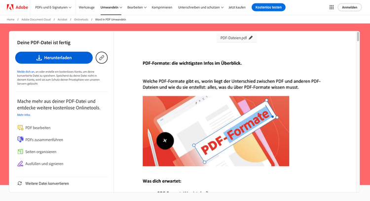 Acrobat Onlinetool, um Word in PDF zu konvertieren – Browserfenster nach Abschluss der Konvertierung mit der Benachrichtigung „Deine PDF-Datei ist fertig“ und dir Optionen zum Anmelden bereitstel