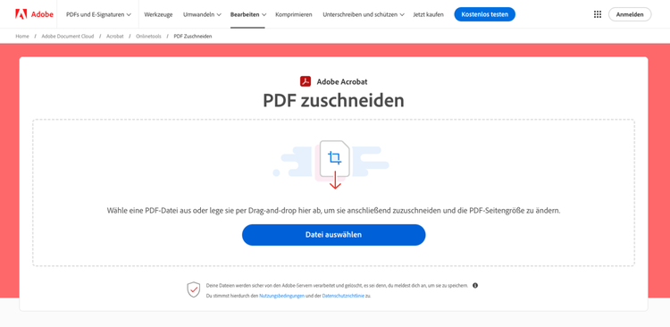 https://www.adobe.com/de/acrobat/online/crop-pdf.html | Screenshot des Acrobat Onlinetools “PDF zuschneiden”. Zu sehen ist der Upload-Bereich für Drag-and-Drop und der Button „Datei auswählen“