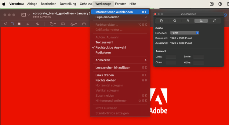 Screenshot einer PDF geöffnet in der Vorschau-App auf dem Mac. Er zeigt die Funktion „Information einblenden > Information für Schneiden“ unter Werkzeuge