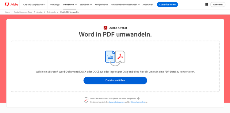 https://www.adobe.com/de/acrobat/online/word-to-pdf.html | Das Upload-Feld des Adobe Word zu PDF Converters mit blauem „Datei auswählen“ Button