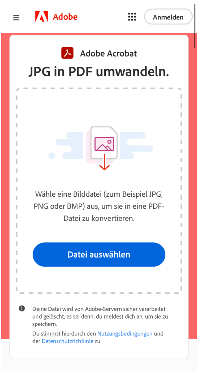 https://www.adobe.com/de/acrobat/online/jpg-to-pdf.html | Screenshots des JPG-in-PDF-Konverters der Acrobat Onlinetools.