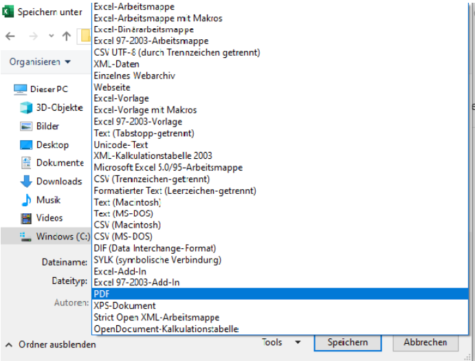 Dialogfenster „Speichern unter“ in Microsoft Excel auf Windows mit Speicheroption „PDF