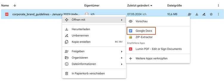 Screenshot von Google Drive nach dem hochladen deiner PDF. Das Drop-down Menü zum Organisieren und Bearbeiten ist aufgeklappt. Zu sehen unter anderem die Funktion ”Öffnen mit”