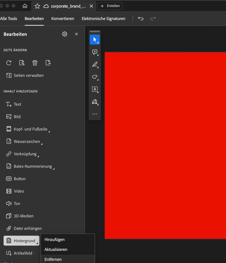 Screenshot zum Vorgang “Hintergrund bearbeiten”. Zu sehen: Die Bearbeiten-Funktion mit allen verfügbaren Werkzeugen von Adobe Acrobat