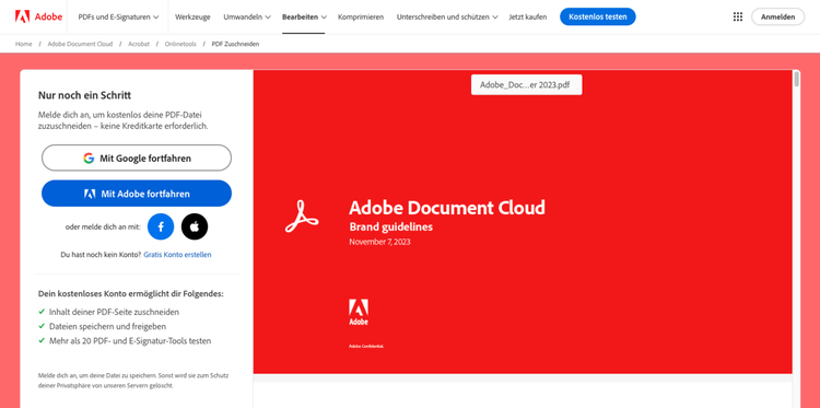 Screenshot des Acrobat Onlinetools “PDF zuschneiden” nach dem Upload der PDF-Datei. Rechts dein PDF, links die Anmeldeoptionen