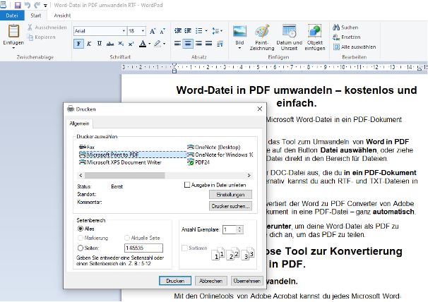 WordPad-Datei in WordPad als PDF drucken – Dialogfenster „Drucken“