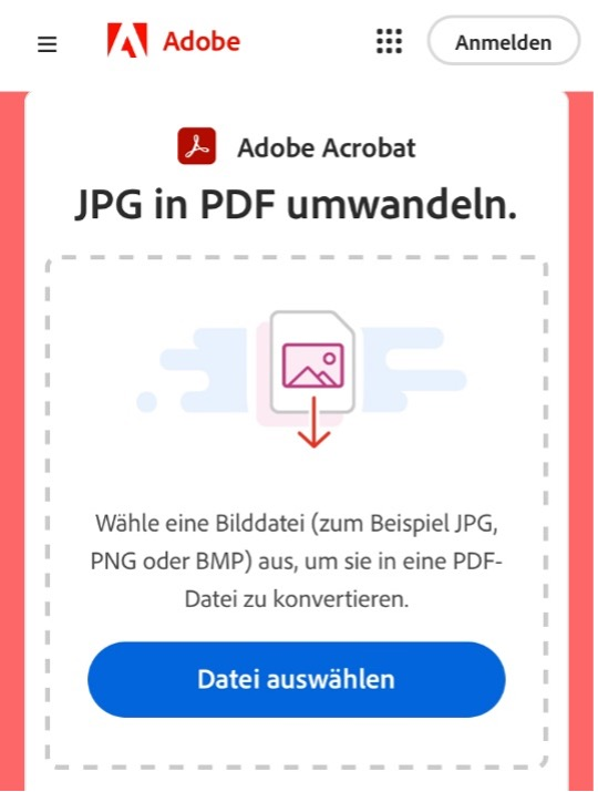 https://www.adobe.com/de/acrobat/online/jpg-to-pdf.html | Upload-Fenster von Adobe Acrobat JPG in PDF Converter mit blauem „Datei auswählen“ Button