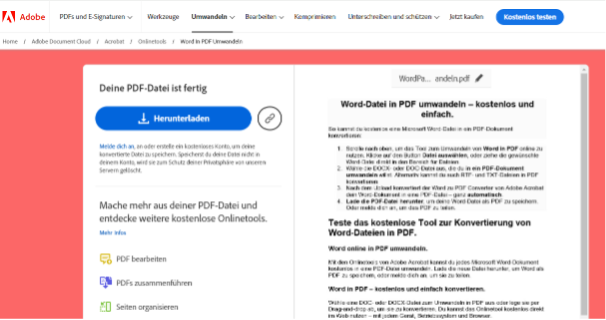 Acrobat Onlinetool nach der Konvertierung von WordPad in PDF – Browserfenster mit Mitteilung „Deine PDF-Datei ist fertig“ und Optionen für die Anmeldung für den kostenlosen Download.