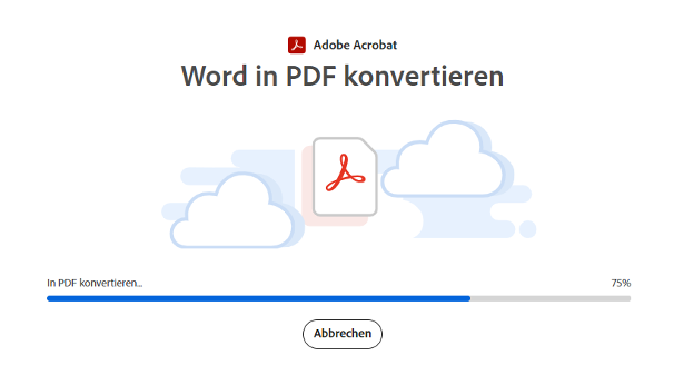 Acrobat Onlinetool während der Konvertierung von WordPad in PDF – Browserfenster mit Mitteilung „In PDF konvertieren …“