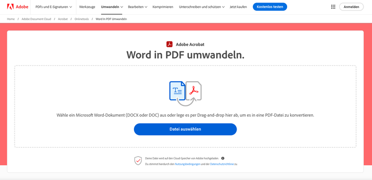 https://www.adobe.com/de/acrobat/online/word-to-pdf.html | Upload-Fenster von Adobe Acrobat Word und WordPad in PDF Converter mit blauem „Datei auswählen“ Button