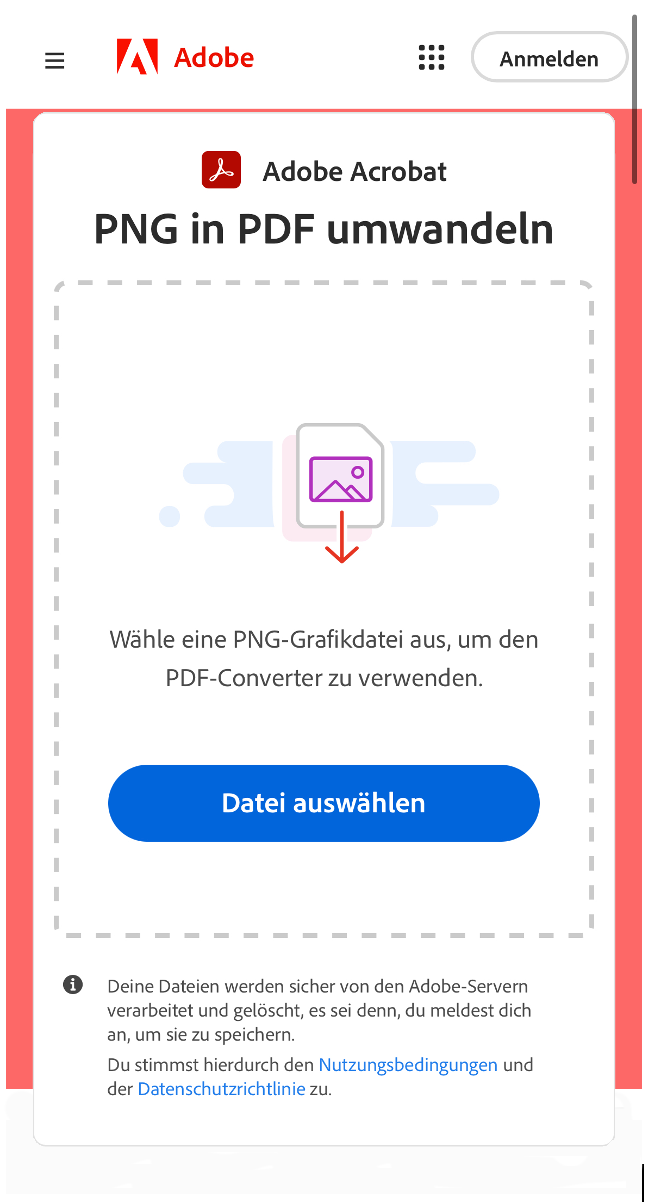 https://www.adobe.com/de/acrobat/online/png-to-pdf.html | Screenshots des PNG-in-PDF-Konverters der Acrobat Onlinetools.