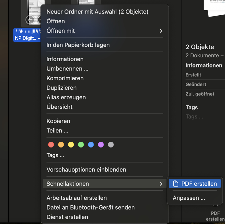 Screenshot nach Auswahl mehrere Word-Dokumente und mit gedrückter „Control“-Taste. Zu sehen ist das Auswahlmenü mit „Schnellaktionen > PDF erstellen”.