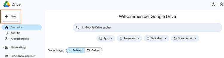 Screenshot des Startbereiches von Google Drive. Oben und links ein grauer Bereich mit der Option „+Neu“.