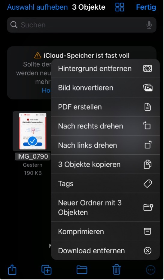 iCloud Speicher auf einem iPhone mit geöffnetem Menü für die Bearbeitung von markierten Dateien