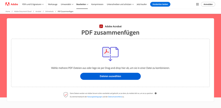 https://www.adobe.com/de/acrobat/online/merge-pdf.html | Der Upload-Bereich des Adobe Acrobat Onlinetools „PDF zusammenführen“ mit blauem Button „Dateien auswählen“.