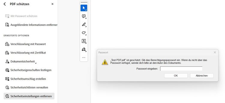 Screenshot zum Entfernen des Schutzes zum Bearbeiten einer schreibgeschützten PDF