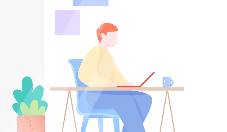 Illustration eines Menschen, der an einem Laptop auf dem Schreibtisch arbeitet.