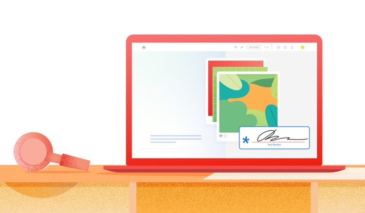 Illustration eines Laptops, auf dem der Unterschriftenvorgang mit Adobe Acrobat abgebildet ist.