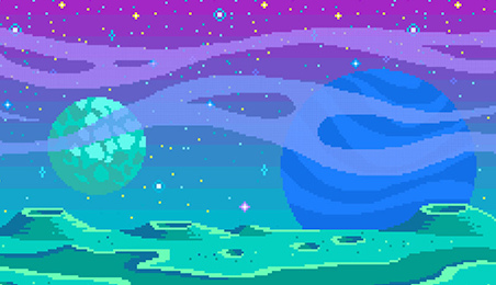 Weltall-Szene mit einem grünen Planeten, einem blauen Planeten und Sternen im Pixel-Design.