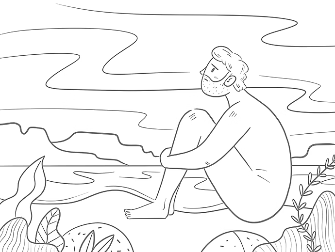 Lineart Zeichnung eines Mannes am Strand in Schwarz-Weiß