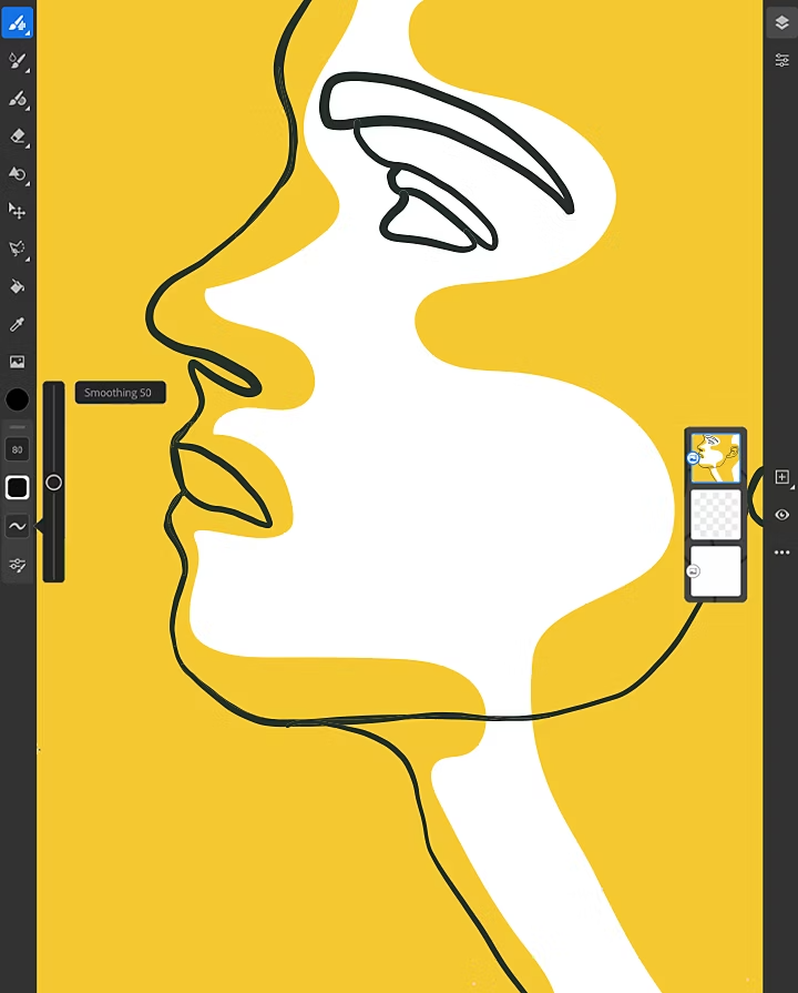 Lineart-Zeichnung eines Gesichts mit farbigen Highlights in Adobe Fresco