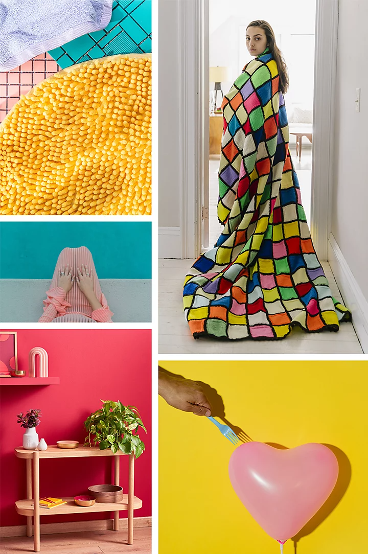 A collage of photos of various subjects, including different types of fabric, a wooden cabinet, a model wearing a blanket, and a fork about to poke a heart-shaped balloon