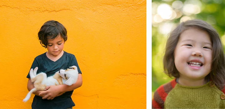 Two photos: one photo of a child holding a puppy in their arms and another of a child smiling