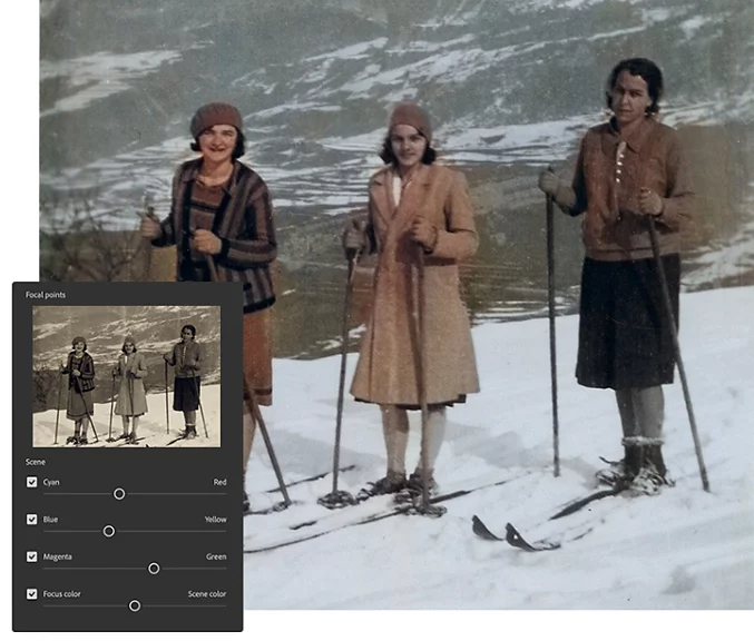 Focal Points panel superimposed over a restored and colorized photo of three skiers standing on a ski slope.