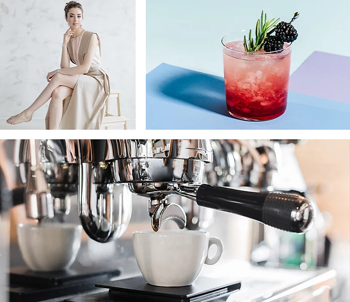 Collage photo: A person posing for a photo, a mixed cocktail, and an espresso machine