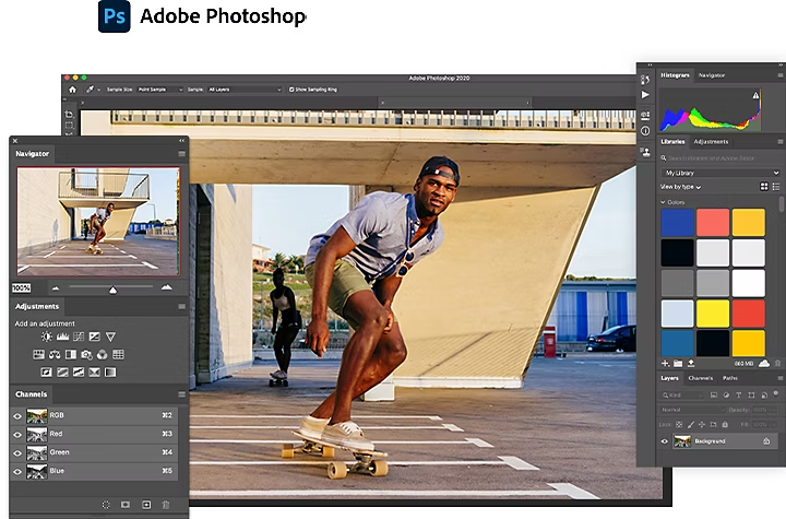 Das Foto eines Mannes auf dem Skateboard wird in Photoshop bearbeitet