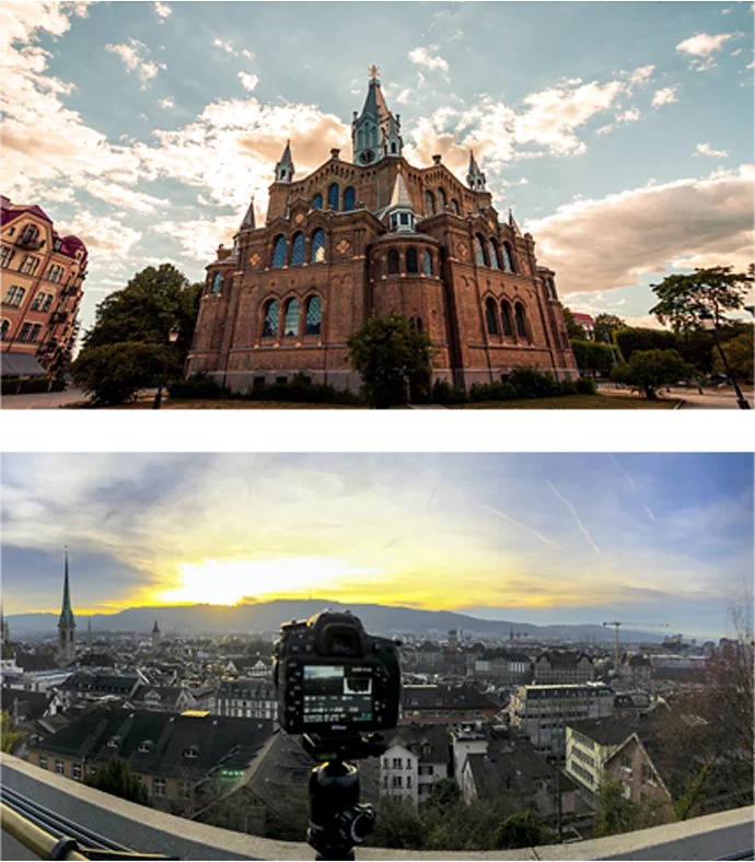 Two stacked fish-eye photos of cityscapes