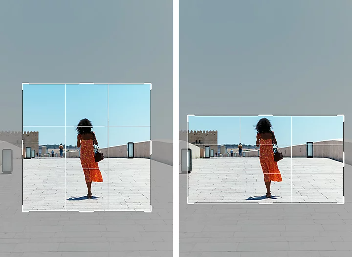 Two images: One image being cropped for a portrait orientation and one being cropped with a landscape orientation