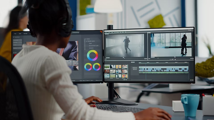 Eine Frau sitzt an einem Schreibtisch. Sie hat vor sich zwei Monitore, an denen Sie mit Adobe Premiere Pro einen Imagefilm schneidet.