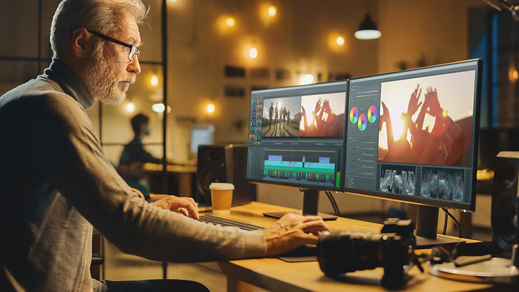 Ein Mann hat zwei Monitore und eine Digitalkamera vor sich. Er schneidet einen Film mit Adobe Premiere Pro.