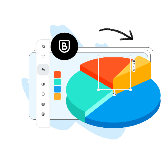 Image with a 3D pie chart with colors, an icon over it and different editing tools.