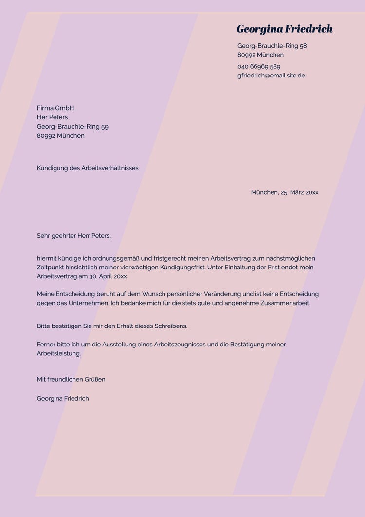 Pink with Peach Diagonal Stripes Resignation Letter