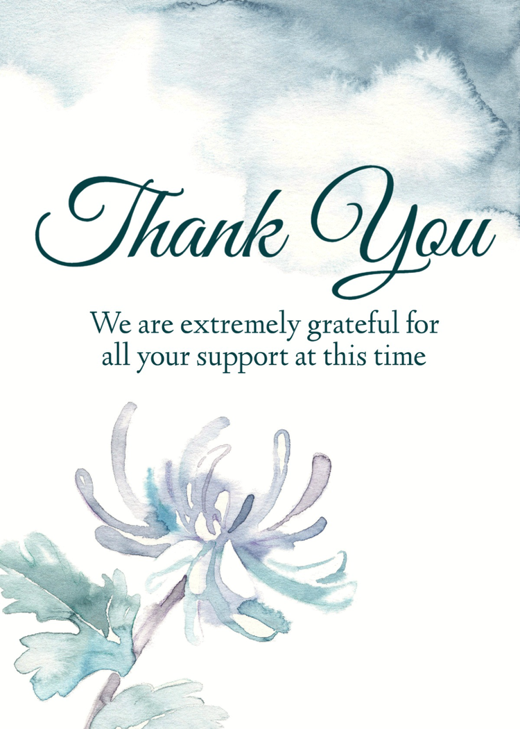 Dankeskarte mit dem Schriftzug „Danke für deinen Beistand in dieser schweren Zeit“ mit Pflanzenmotiv im Stil von Wasserfarben.