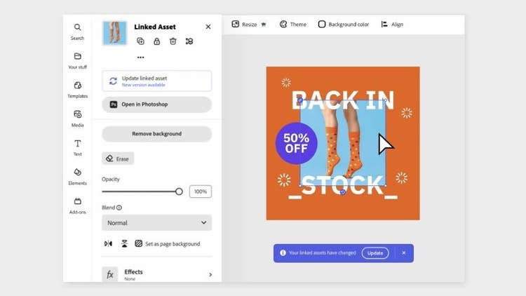 A toast notification confirms the linked asset has changed and offers the option to update in Adobe Express || edit-photoshop-and-illustrator-files_step2_900x506.jpg