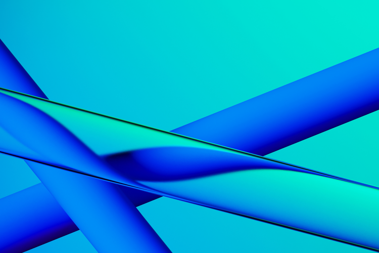 A graphic design featuring large blue 3D cylinders stacked over a teal gradient background.