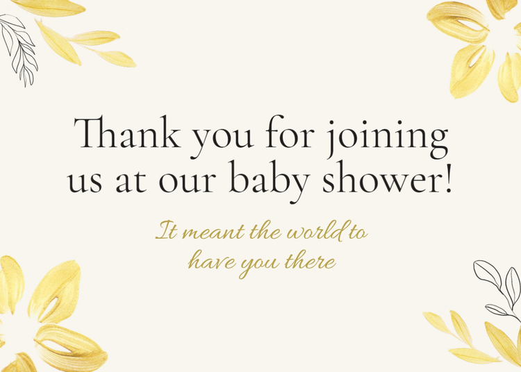 Dankeskarte mit dem Schriftzug „Danke, dass du bei unserer Babyparty warst!“ mit gelben gemalten Blumen und Blättern.