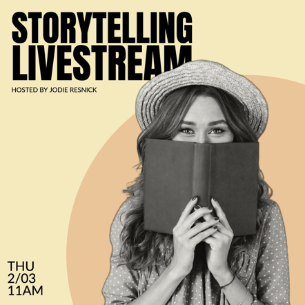 "Storytelling Livestream" podcast cover art with a person in black and white peeking over the top of a book they are holding up