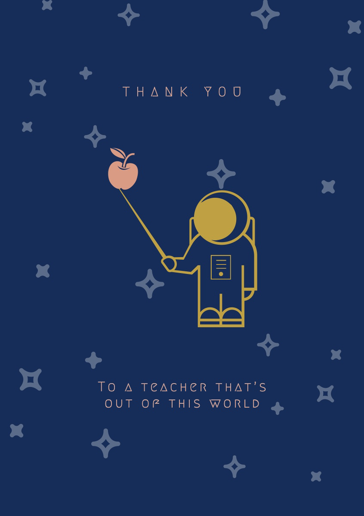 Dankeskarte mit dem Schriftzug „Für den/die weltbeste*n Lehrer*in“ mit Astronaut*in, der/die in einen Apfel beißt.
