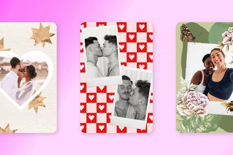A group of cards with pictures of men kissing Description automatically generated