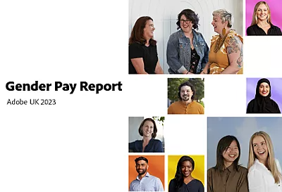 Group of women who work at Adobe with their hands raised horizontally to make an equal sign.