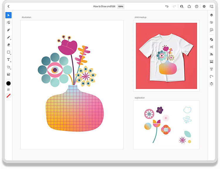 Illustrator tegnebrætter, der viser blomster, blomster i en vase og vasen med blomster afbilledet på en t-shirt
