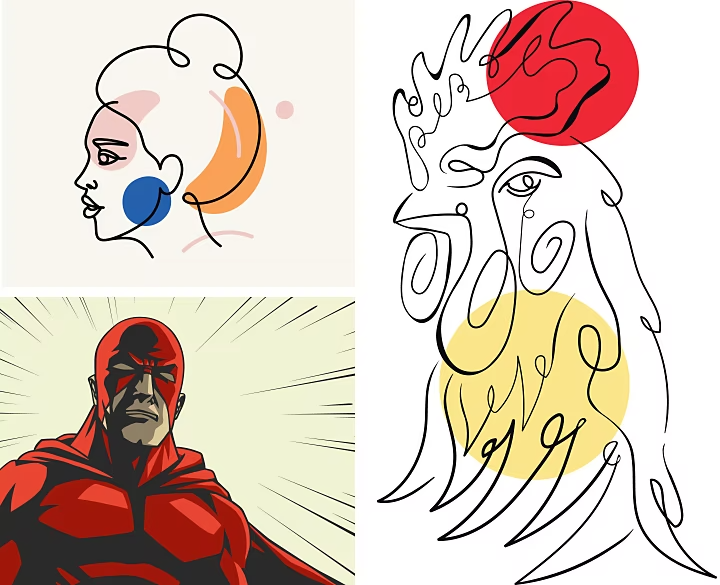 Tres dibujos de arte lineal: perfil de la cabeza de una persona, cabeza de un gallo y superhéroe enmascarado