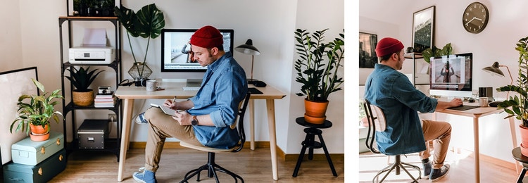 Two photos: A person taking notes in their notebook while sitting in front of their desk; A person working on their laptop computer at a desk