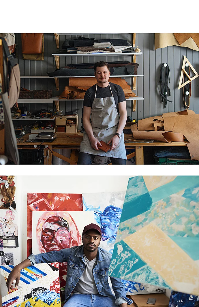 A stacked photo of a professional headshot photo of a leatherworker in their workspace on top of a professional headshot photo of an artist next to their art pieces