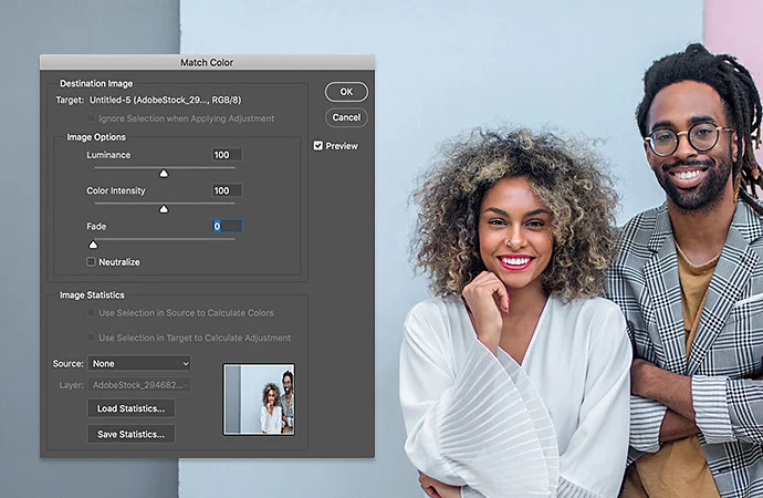 Image of two people posing with Adobe Photoshop Match Color options hovering next to them