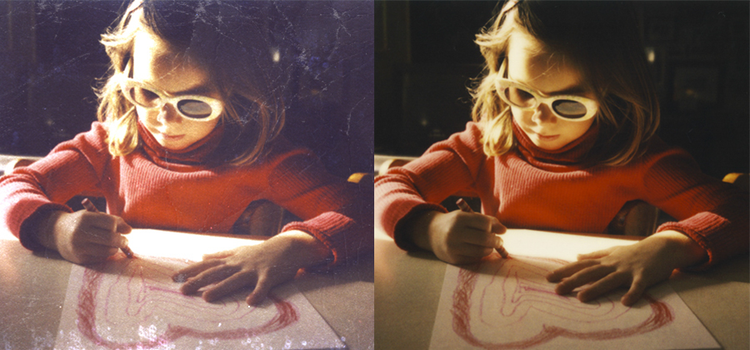 An old photo of a child sitting at a table drawing next to the the same photo that has been restored by removing the texture for a better quality image